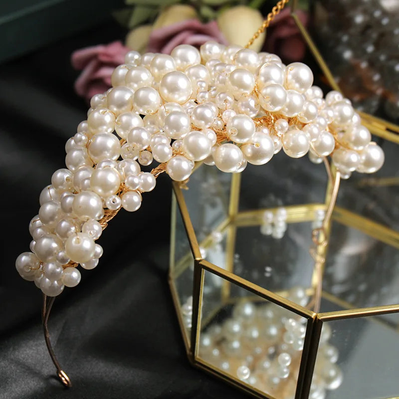 Handmade Pearl Crown Headdress Vintage Hair Accessories Hairband