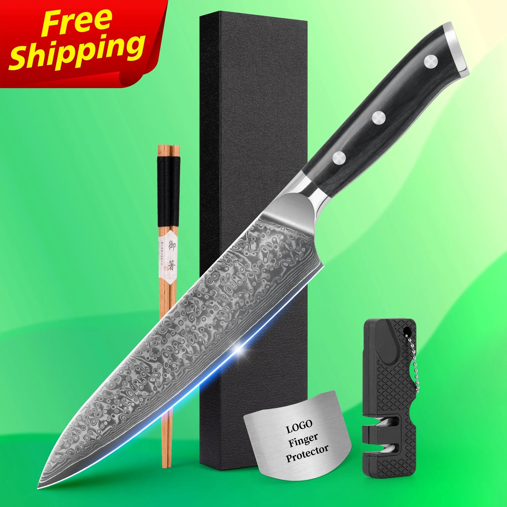Free Shipping 8 Inch Damascus Steel Chefs Knives With Black Pakka Wood Handle Free logo