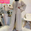 1838# Islamic Fashion Women Pearls Kimono Robe Modest Dress Long Elegant Cardigans Muslim Clothing Front Open Abaya
