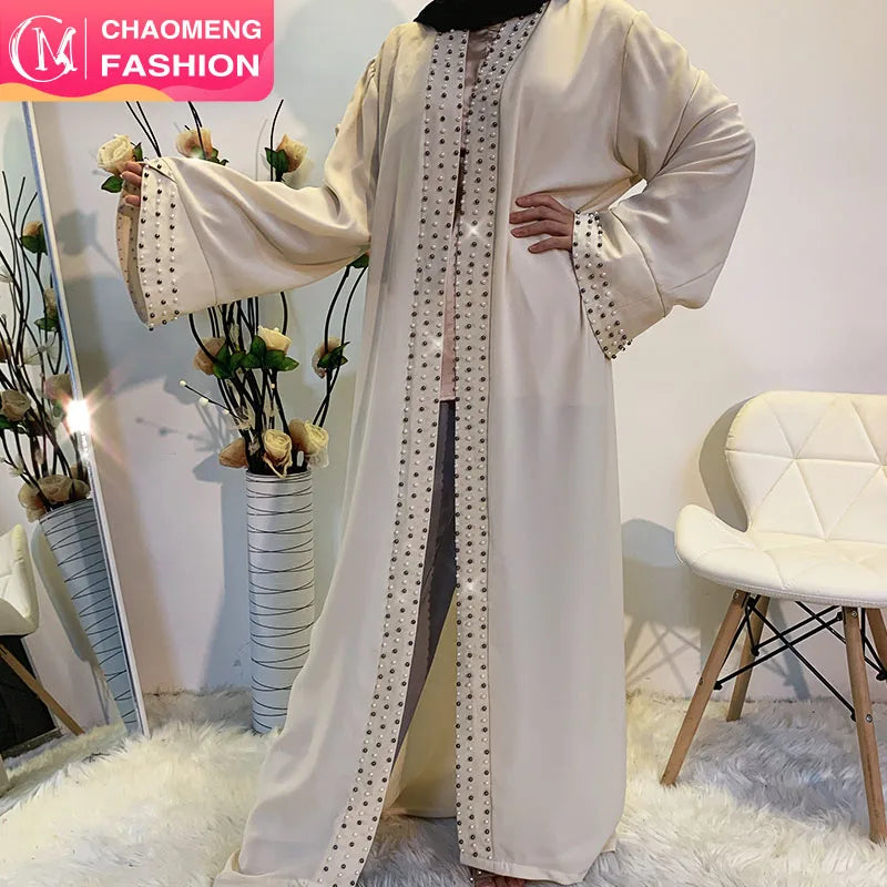 1838# Islamic Fashion Women Pearls Kimono Robe Modest Dress Long Elegant Cardigans Muslim Clothing Front Open Abaya
