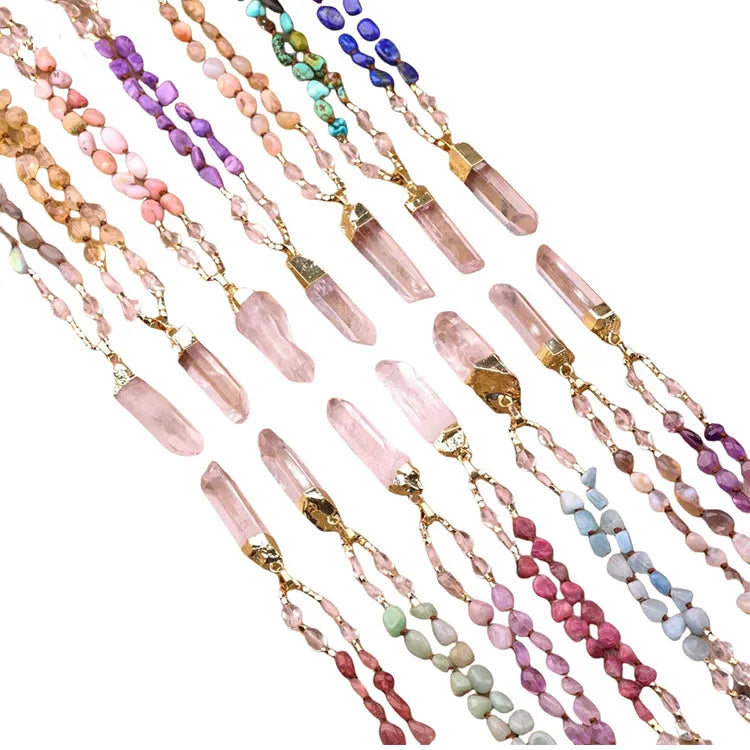 Crystal Necklace 24 Kinds Gemstone Prayer Necklaces Handmade Knot Healing Mala Beads Quartz Point Pendant Energy Yoga Gift