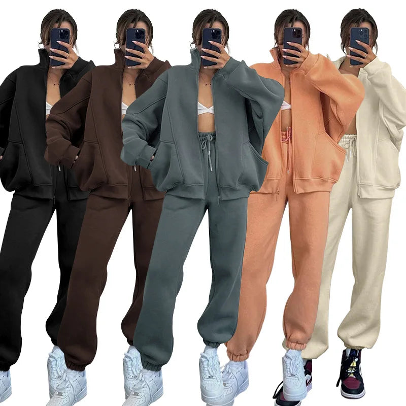 Wholesale Ladies Women Zip up Hoodie and Jogger 2 Piece Set Tracksuit Sweatsuit Set