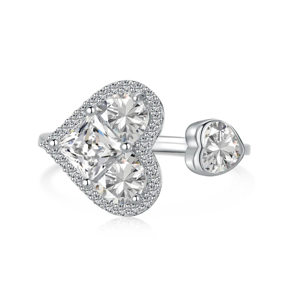 Dylam Custom Luxury Adjustable Heart Shaped Cubic Zircon Diamond Women Open Promise Engagement Wedding 925 Sterling Silver Ring