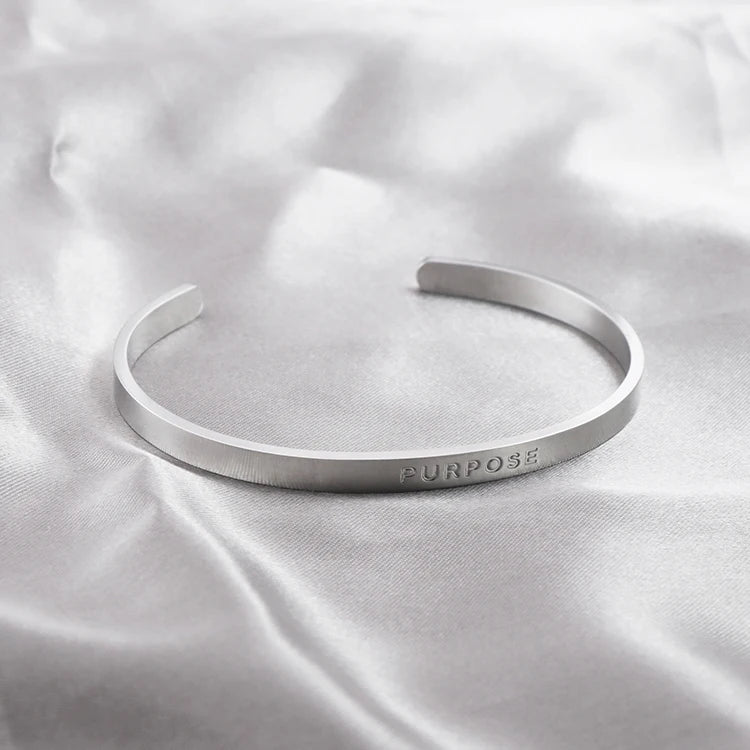 Brushed Silver Open Cuff Bangle Engraved "Purpose" Message Personalized Unisex Jewelry MegaBDM