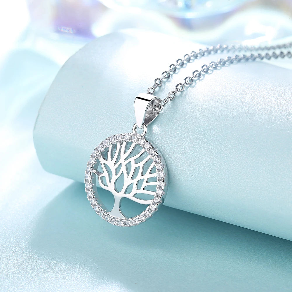 Exquisite 925 Sterling Silver Circle Pendant Necklace Women Tree of Life Necklace
