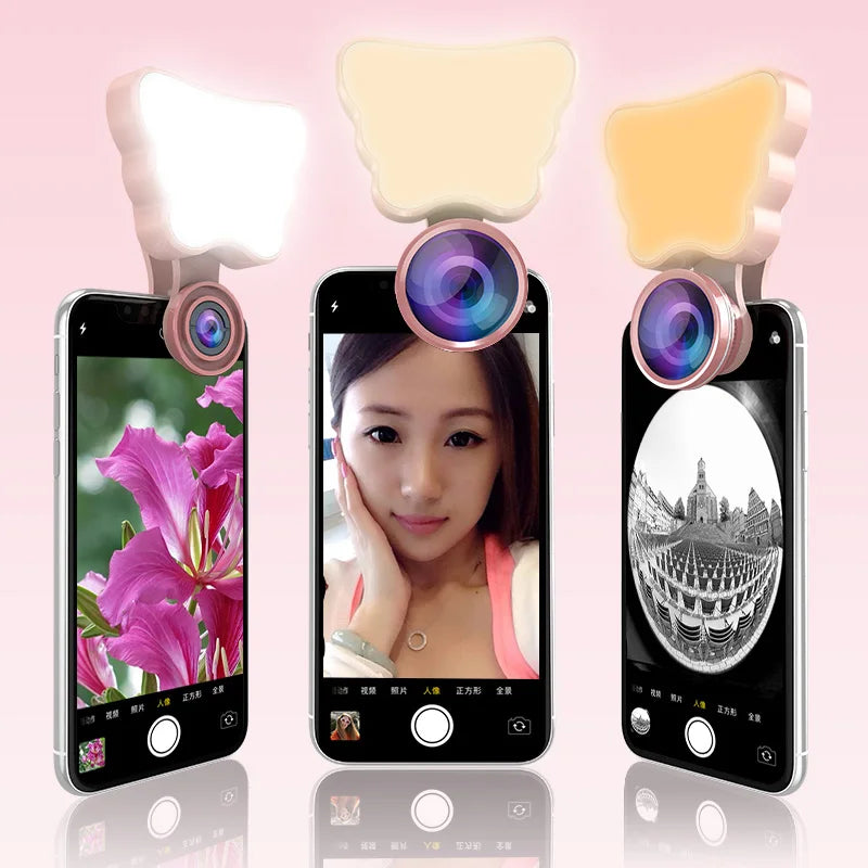 Factory Price Butterfly Fill Light Mini LED Phones Tablet Selfie Ring Light 3 Effects with Macro Fisheye HD Wide Angles Lens
