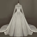 Bridal Train Long Sleeve Wedding Dress Lace Embroidery Satin Wedding Dress Conservative Stand Collar Satin Wedding Dress