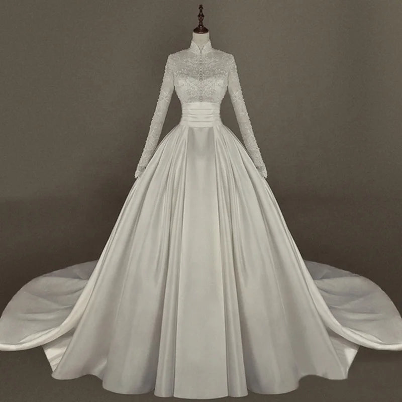 Bridal Train Long Sleeve Wedding Dress Lace Embroidery Satin Wedding Dress Conservative Stand Collar Satin Wedding Dress