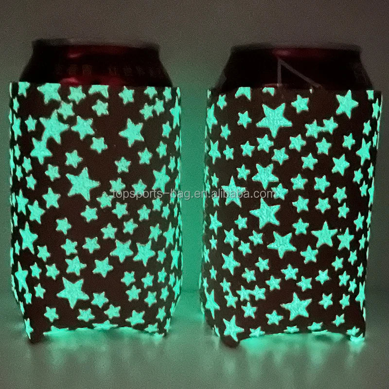 12oz Neoprene Standard Can Cooler Sleeve Luminous Faux Leather Beverage Can Holder Glow in the Dark for Holiday
