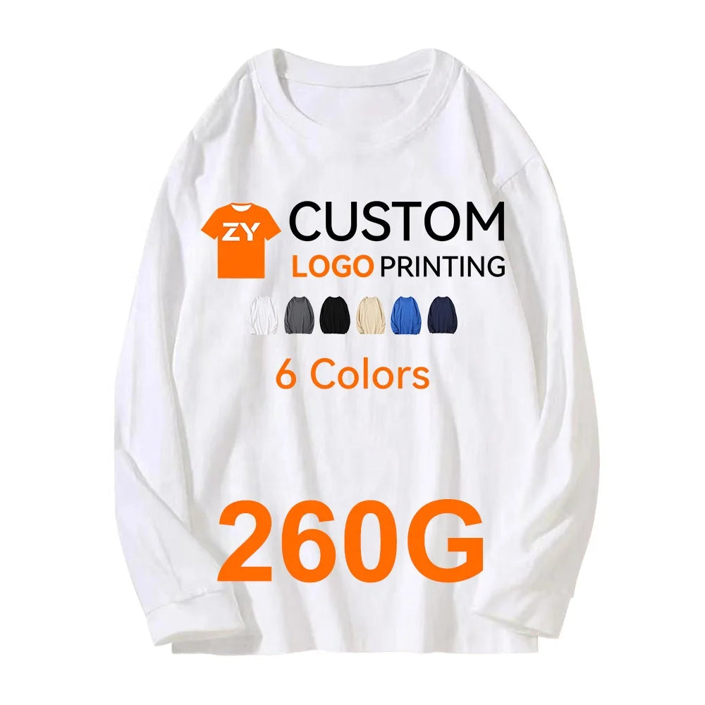 ZYtshirt 260g Wholesale Customized Heavy Cotton t Shirt Custom logo Printed Tee Oversized Long Sleeve Tshirt