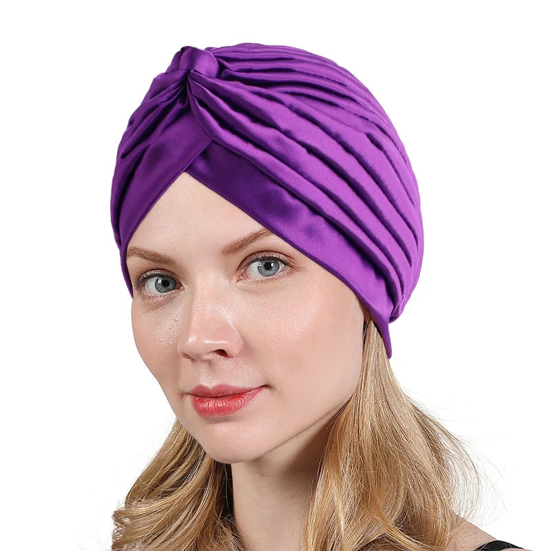 Wholesale Female Plain Knotted Ruffle Silky Satin Outdoor Daily Turban Headwrap for Hair Cover