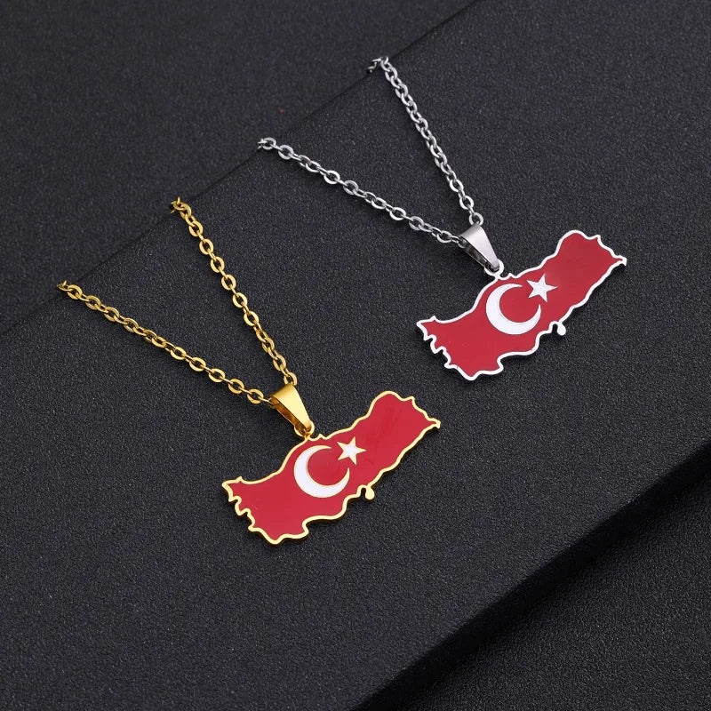 Enameled Turkey Map Chain Necklace Turks Stainless Steel 18K Gold Plated Enamel Turkish National Flag Map Pendant Necklace