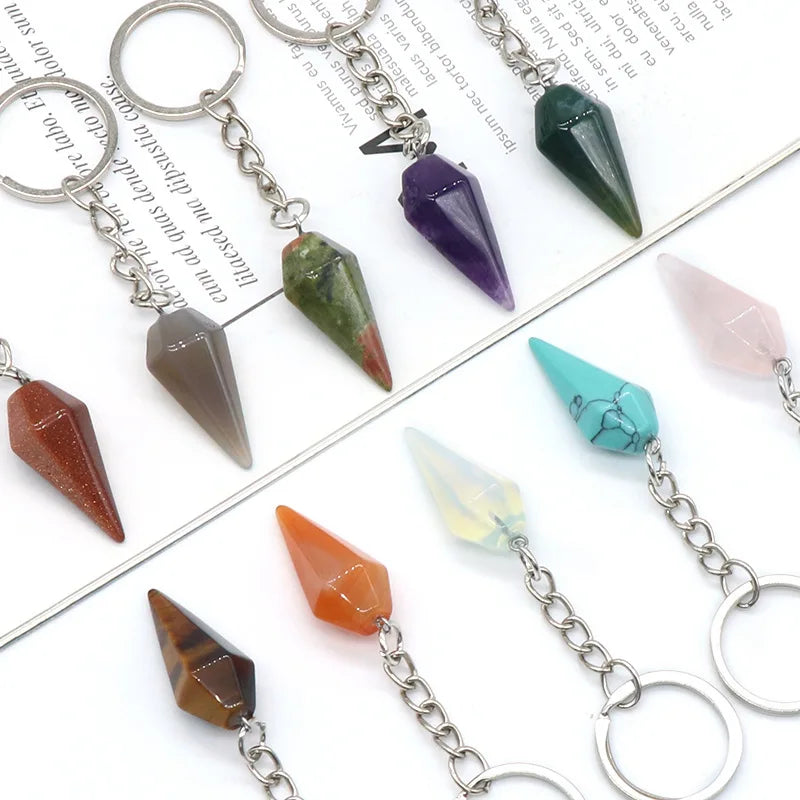 Natural Stone 7 Chakra Quartz Hexagonal Cone Eco-friendly Fashion Key Chain Pendulum Healing Energy Crystal Keyring Fengshui