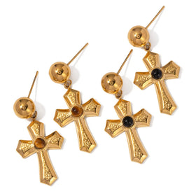 BJG0410N Romantic Style Cross Necklace and Earrings Set 18K Gold Plated Stainless Steel for Women Wedding Party