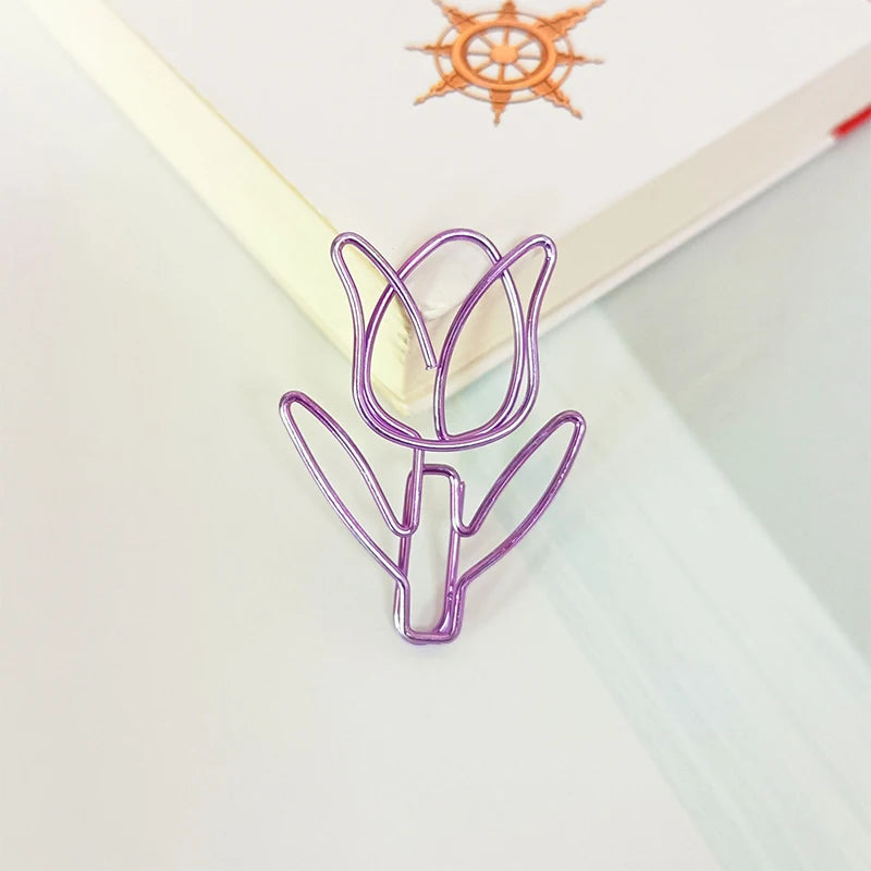 Gold Purple Paper Clip Tulip Flower Shaped Bookmark Stationery for Diy Diary Album Office Student Marking Clips