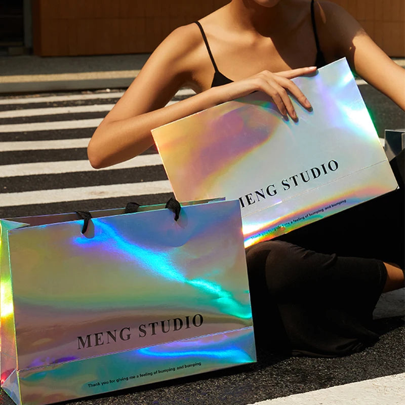 Iridescent Holographis Gift Bag Glitter Reusable Paper Silver Metallic Laser Shopping Bag Sublimation Tote Bag With