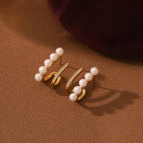 Natural Freshwater Pearl Double Cc Designer Earrings Pvd 18k Gold Plated Rhinestone Stainless Steel Huggie Earrings