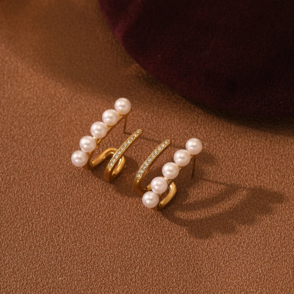 Natural Freshwater Pearl Double Cc Designer Earrings Pvd 18k Gold Plated Rhinestone Stainless Steel Huggie Earrings