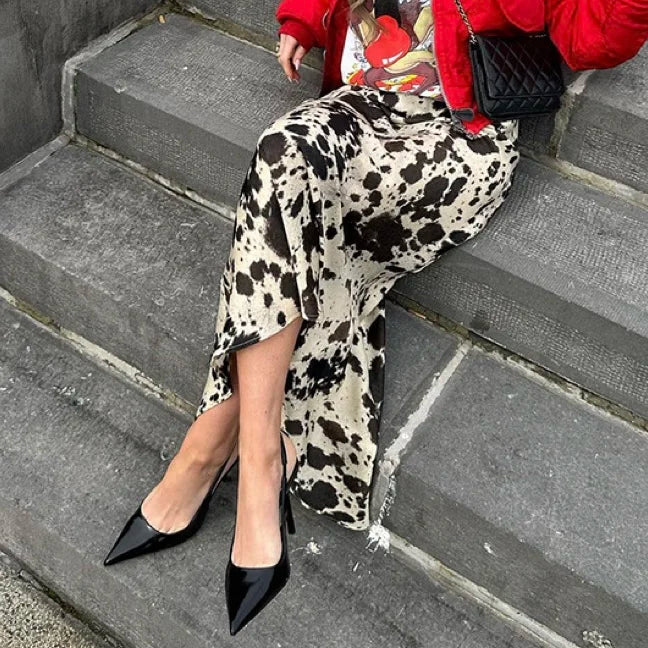 Enyami New Fashion Stretch Satin Leopard Print Half Skirts Summer Casual Retro Chic High Waist Midi High Waist Fishtail Skirt