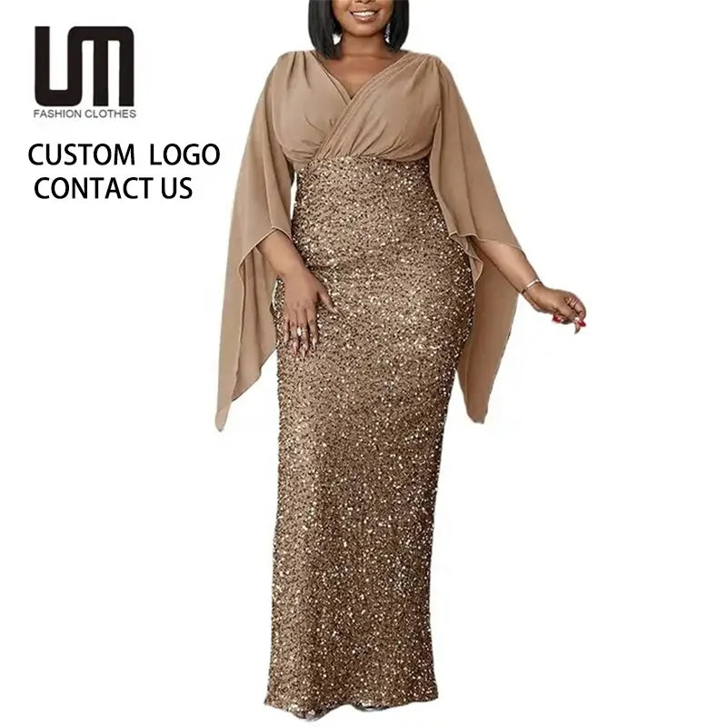 Liu Ming Fashionable Elegant Women Clothing V Neck Flare Sleeve Sequined Evening Party Cocktail Prom Long Maxi Dress
