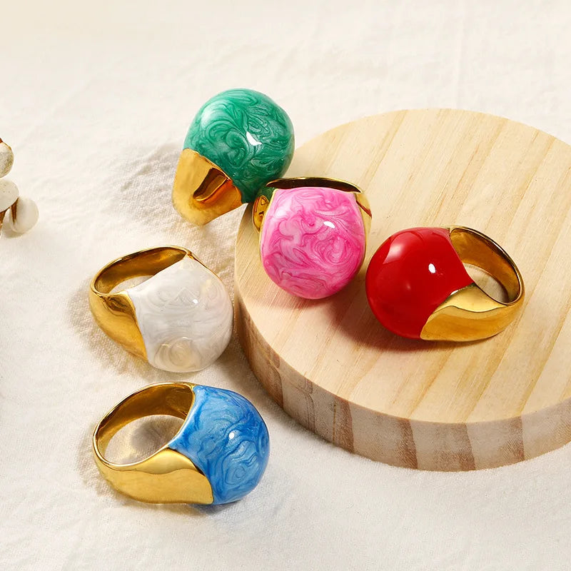 Wholesale Fashion Exaggerated Stainless Steel Round Morandi Enamel Rings Waterproof Jewelry 18k Gold Plated Chunky Ring YF3514