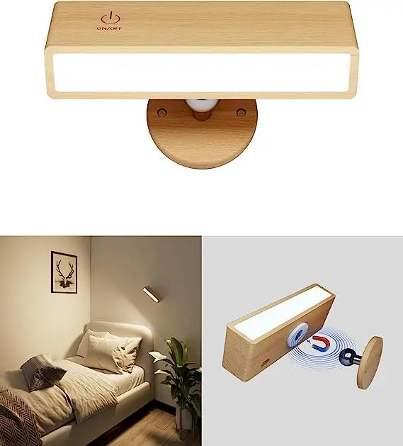 New Design Magnetic Wooden Rotatable Night Light Smart 360 Degree Wall Lamps for Home Bedroom Led Bed Reading Wall Light
