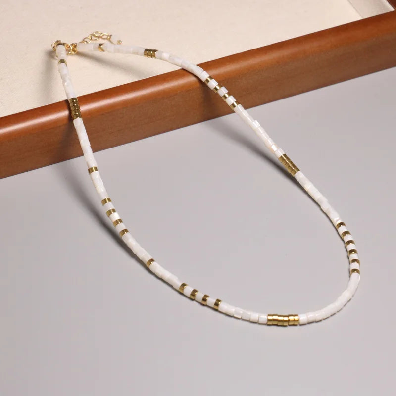 Natural Shell Pearl Abacus Stone Beaded Necklace Choker for Women Minimalist Fashion 14k Gold Plated Copper Beaded Necklace