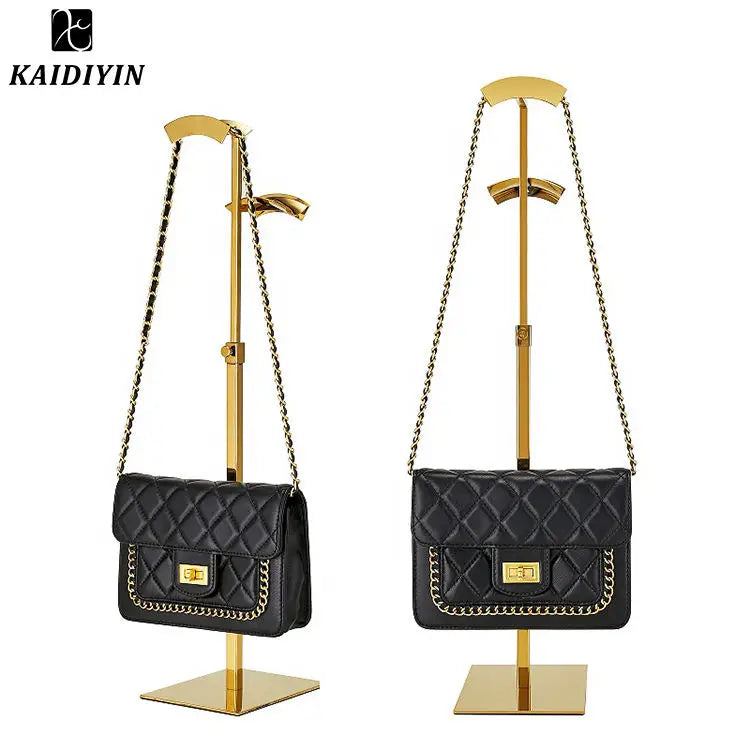 Single Side Retail Bag Store Fixture Modern Stainless Steel Women's Purse Display Stand Hanging Rack Black Metal Golden Finish