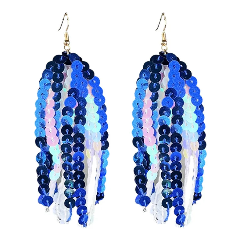 Football Team Color Inspired Lightweight Sparkle Hoop Earrings for Women for Game Day Favor Blue White Sequin Tassel Earrings