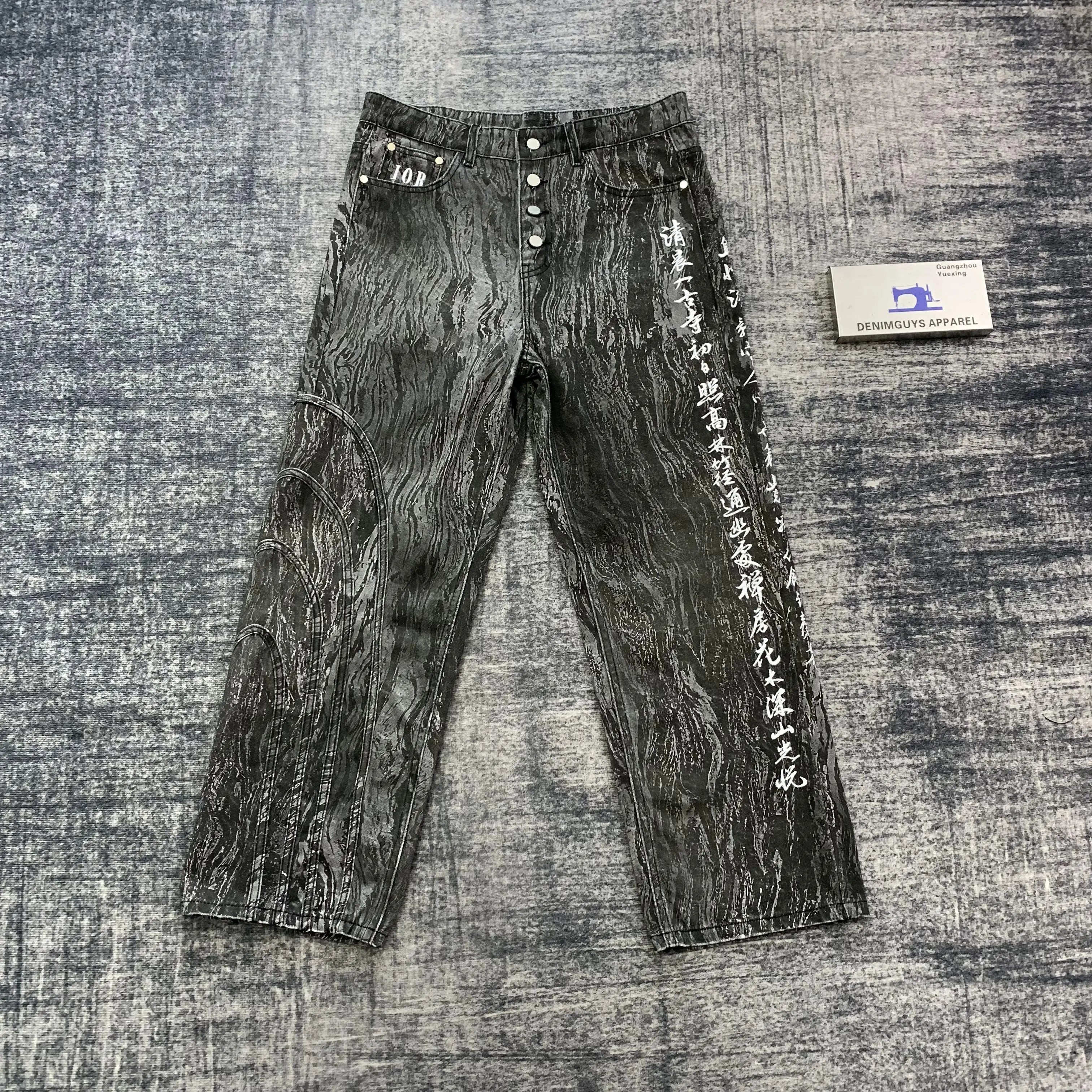 DENIMGUYS Vintage High Street Mens Allover Digital Printing Screen Print Jeans Baggy Multiple Seams Embroidery Jeans for Men