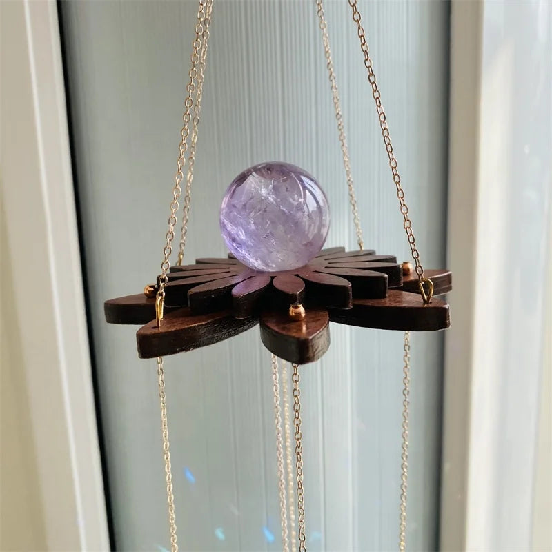 Wholesale Rainbow Sun Catcher Suncatcher Natural Crystal Sphere Lotus Wood Holder for Home Decoration