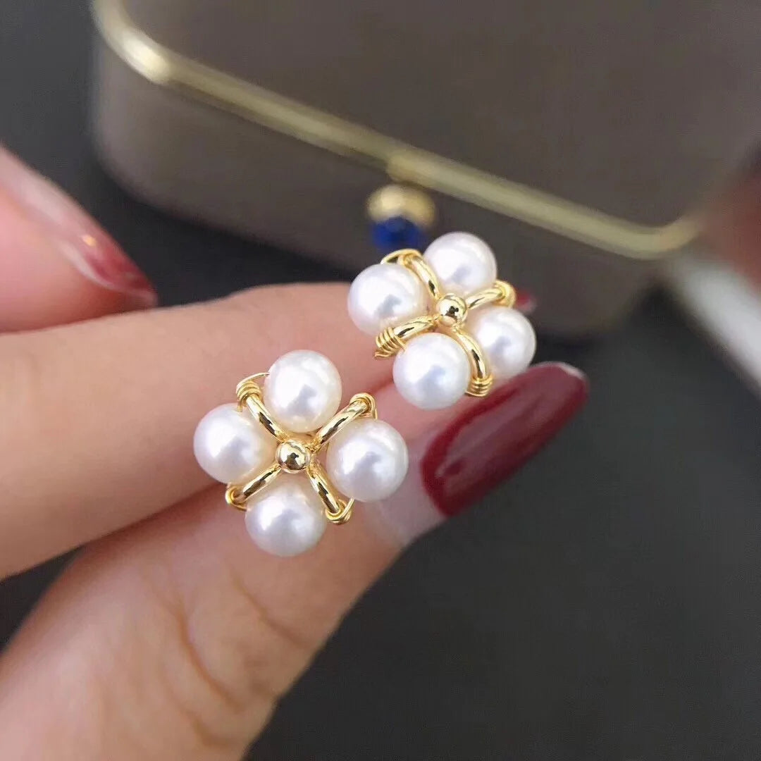 Vintage Simple Fashion Style 14K Gold Plated Hand-Woven Freshwater Pearl Stud Earrings Natural Four-Leaf Clover Design