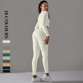 Wholesale Quick Drying Breathable Set Seamless Knitted Top Lifting Hip High Waist Fitness Pants Outdoor Running 5-Piece Set
