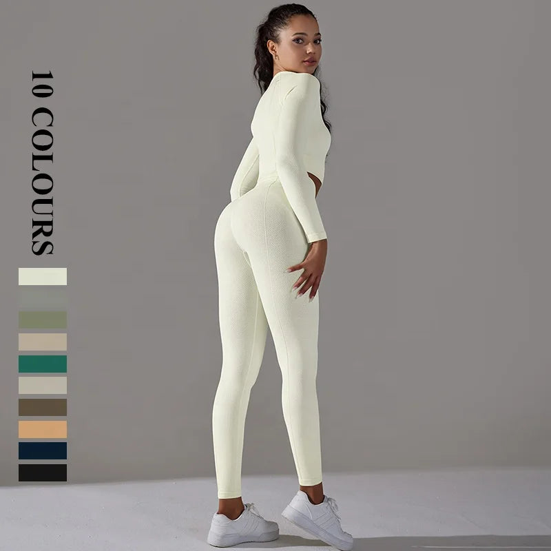 Wholesale Quick Drying Breathable Set Seamless Knitted Top Lifting Hip High Waist Fitness Pants Outdoor Running 5-Piece Set