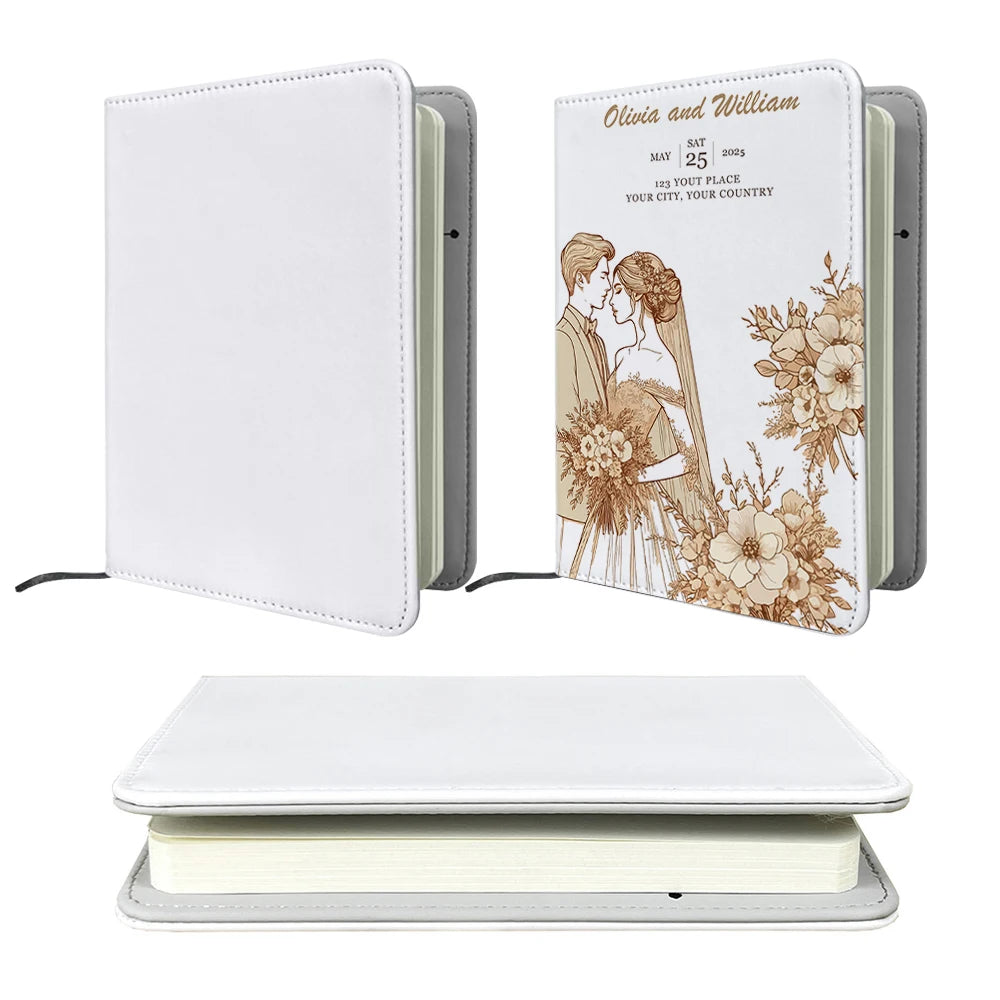 High-quality Sublimation Blank DIY Notebook with White Full-Print Fabric Cover and PU Lining with Elastic Band