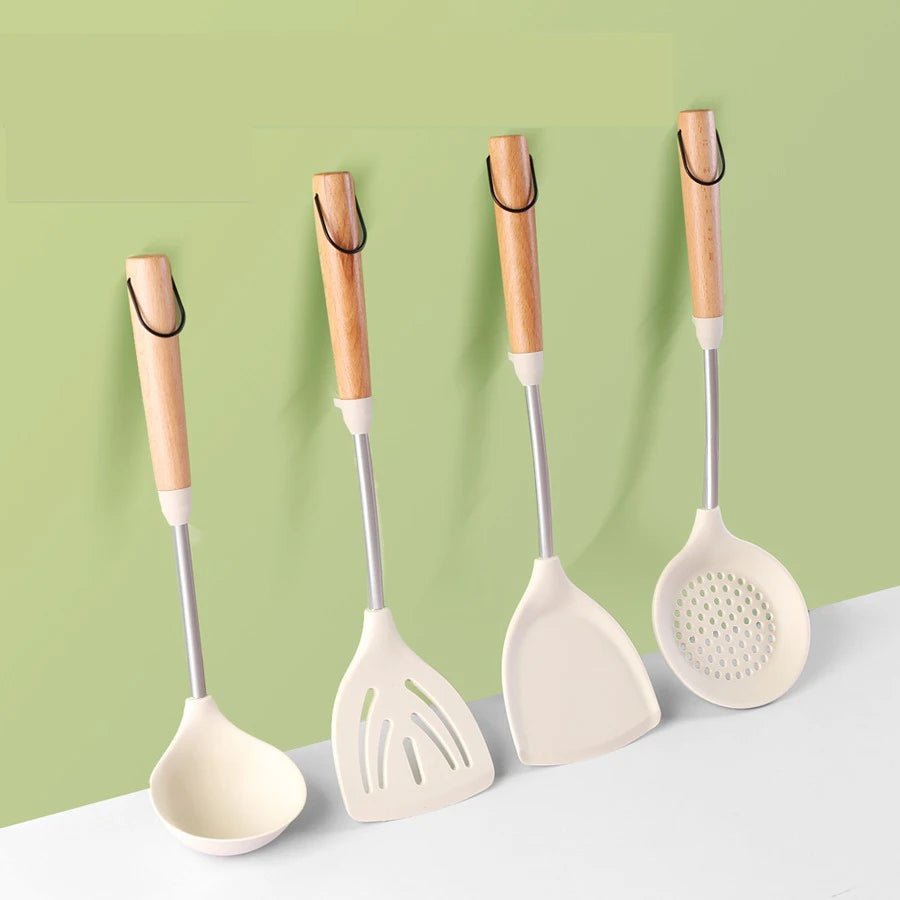 Cooking Utensils Wooden Handle Non Stick Heat-resistant Food Clip Egg Beater Spatula Kitchen Cookware Set