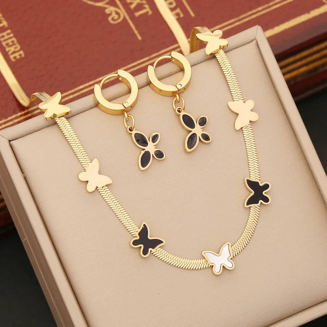 New 3Pcs Stainless Steel Snake Chain Accessories Set 18k Gold Plated Shell Butterfly Jewelry Set for Women