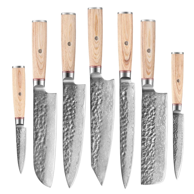 7-Piece Forged Damascus Steel Kitchen Knife Set VG10 Chef Kiritsuke Slicing Santoku Utility Paring Knife