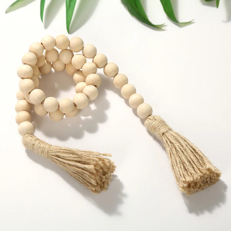 80 cm Wood Beads Garland with Tassels Farmhouse Rustic Natural Wooden Bead String Wall Hanging