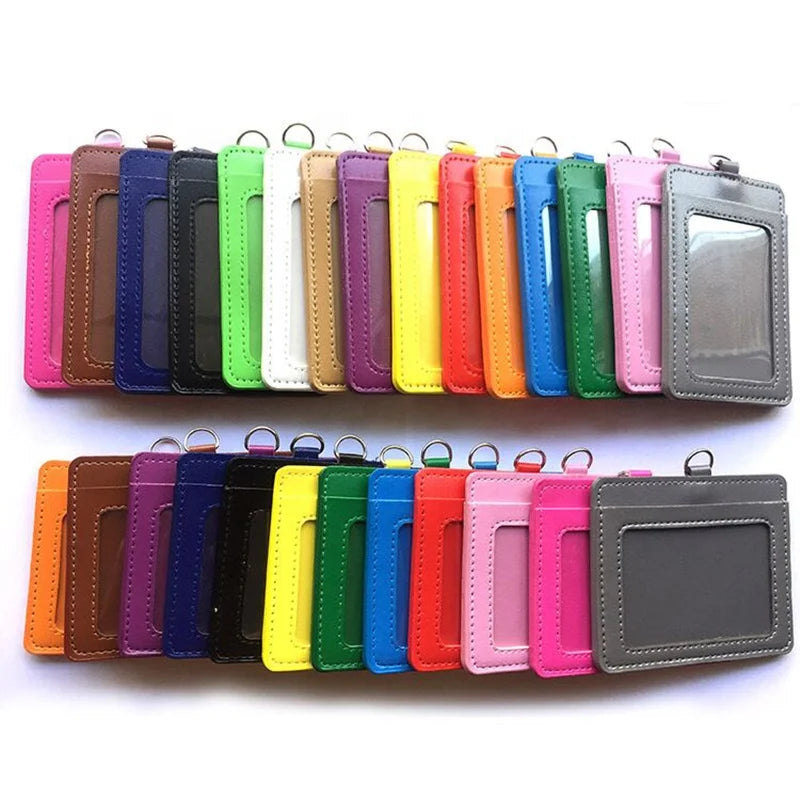 PU Leather Working Badge ID Card Holder With Neck Strap Lanyard