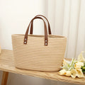 Two Handle Woven Cotton Beach Tote Bags for Bachelorette Parties Weddings Holidays-Seaside Straw Handbag Basket