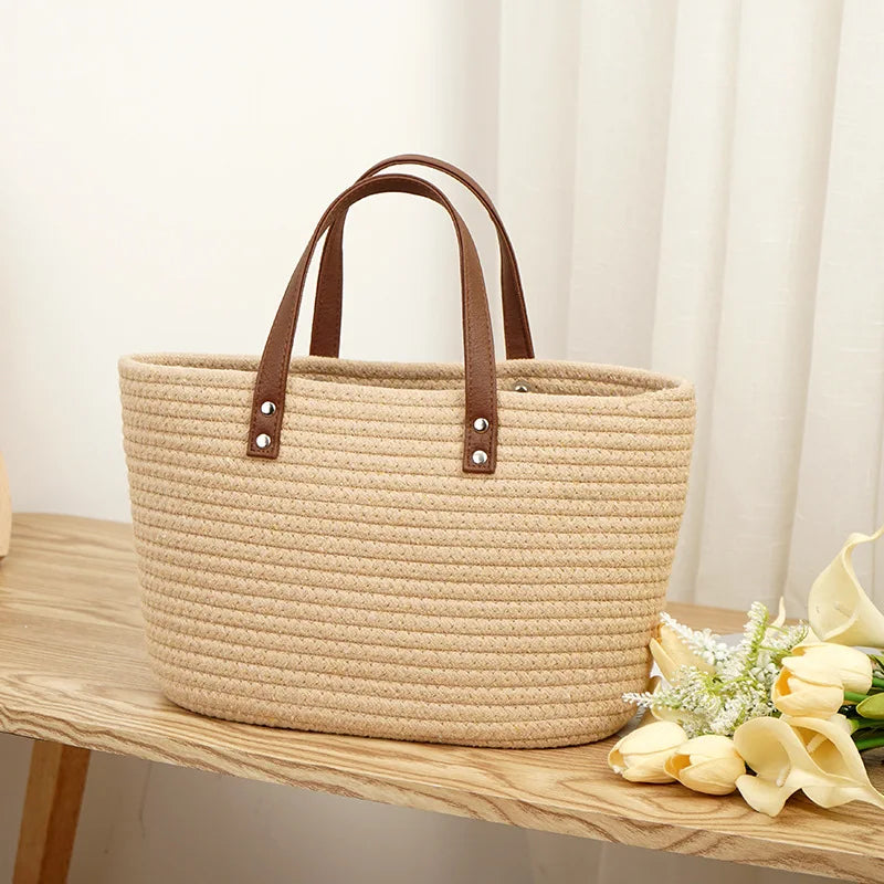 Two Handle Woven Cotton Beach Tote Bags for Bachelorette Parties Weddings Holidays-Seaside Straw Handbag Basket