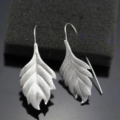 925 Silver Manual Long Leaf Drop Earrings for Women Vintage Style Fashion Jewelry for Wedding Party Gift