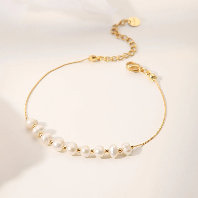Ladies 18k Gold Plated Stainless Steel Chain Bracelets Friendship Beaded Pearl Bracelet Jewelry Women