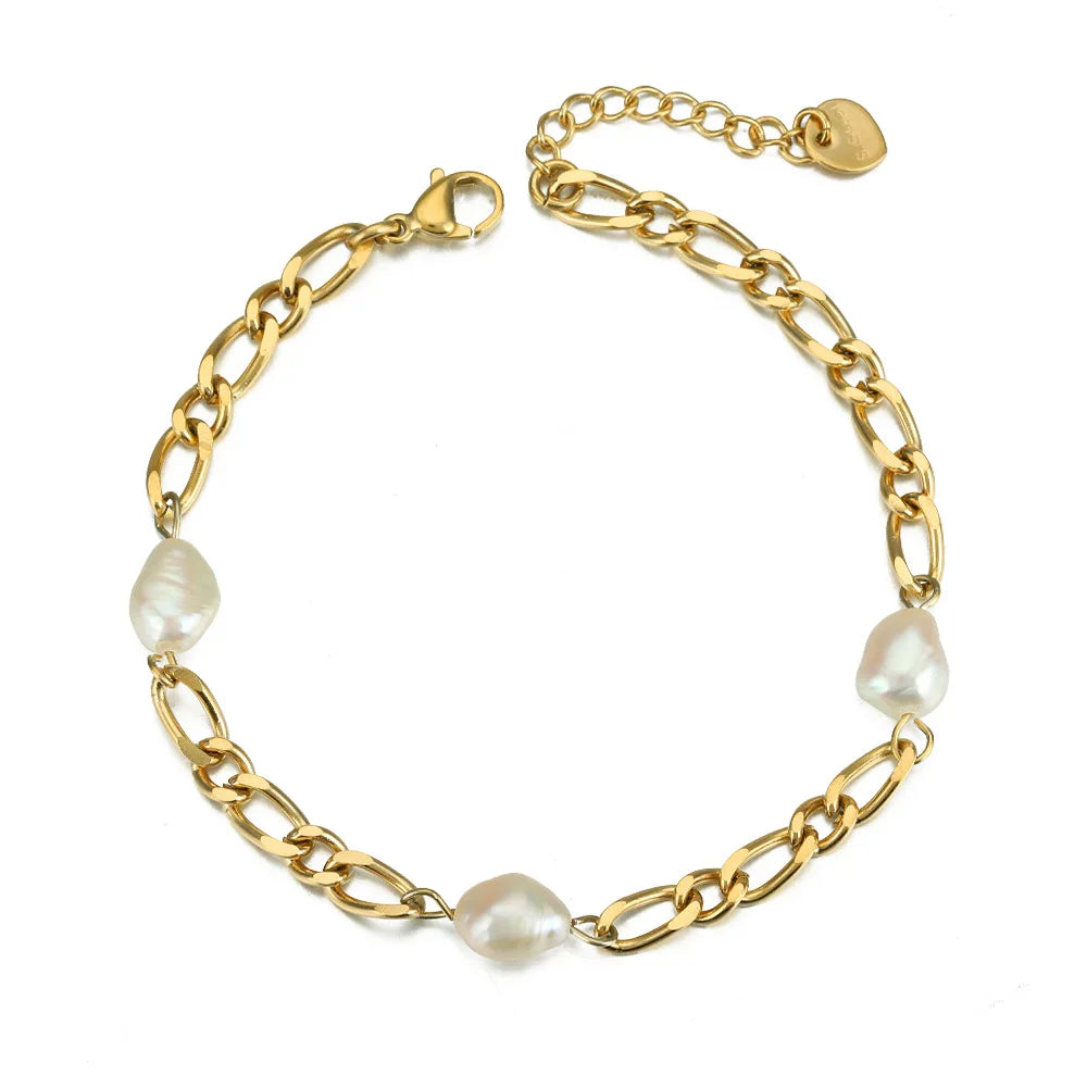 Fashion Trendy 18K Gold Vermeil Jewellery Chain Natural Pearl Stainless Steel Bracelet Bangle for Women Vermeil
