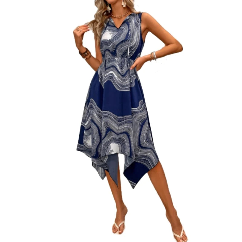 Women's Elegant Design Sense Irregular Hem Sleeveless Strap Bow Nature Texture Print Romantic Holiday Ladies Dress