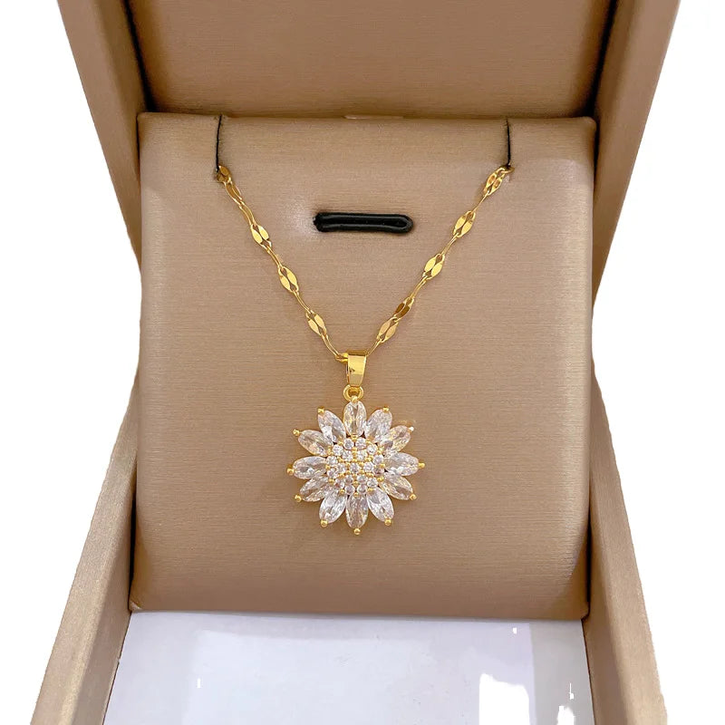 High Quality 18K Gold Plated Link Chain Stainless Steel Sunflower Necklace with Zircon Flower Pendant for Women