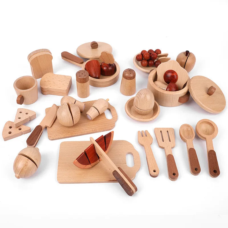 Children Educational Toy Set Bamboo Simulation Kitchenware for Learning Food Cutting for Both Boys and Girls