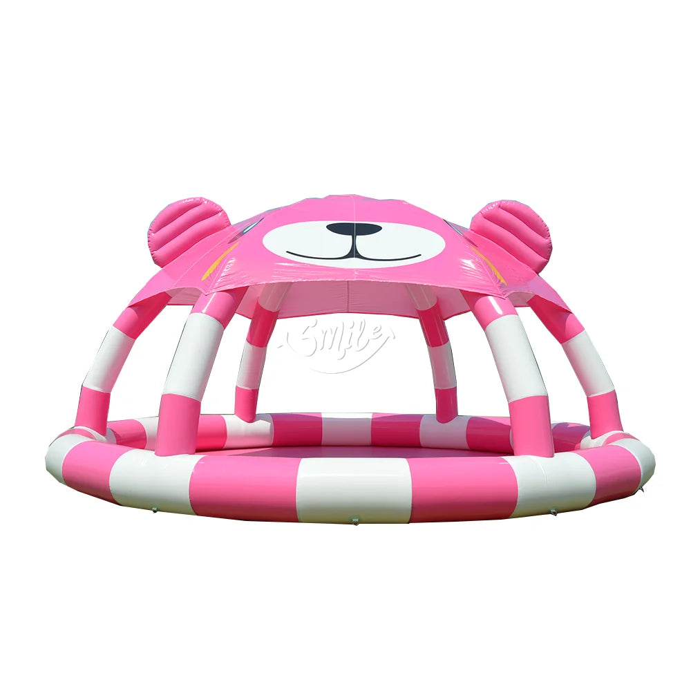 Outdoor sealed Inflatable Kids Water Beds Lovely Pink Bear Air-tight Inflatable Swimming Pool Bed With Dome Cover