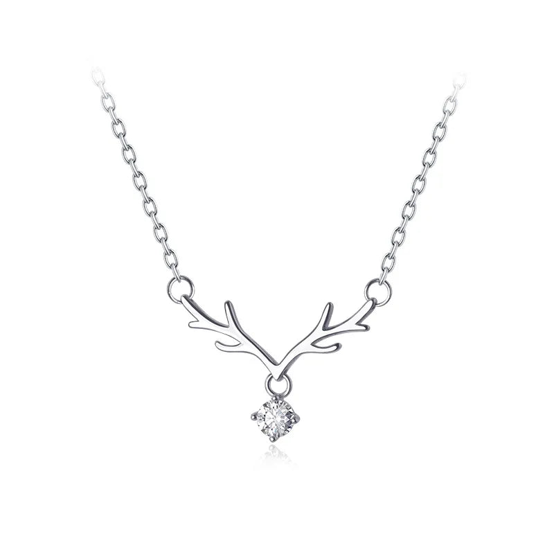 Minimalist Sterling Silver 925 Jewellery Animal Horn Elk Deer Antler Zircon Pendant Necklace for Girls Women